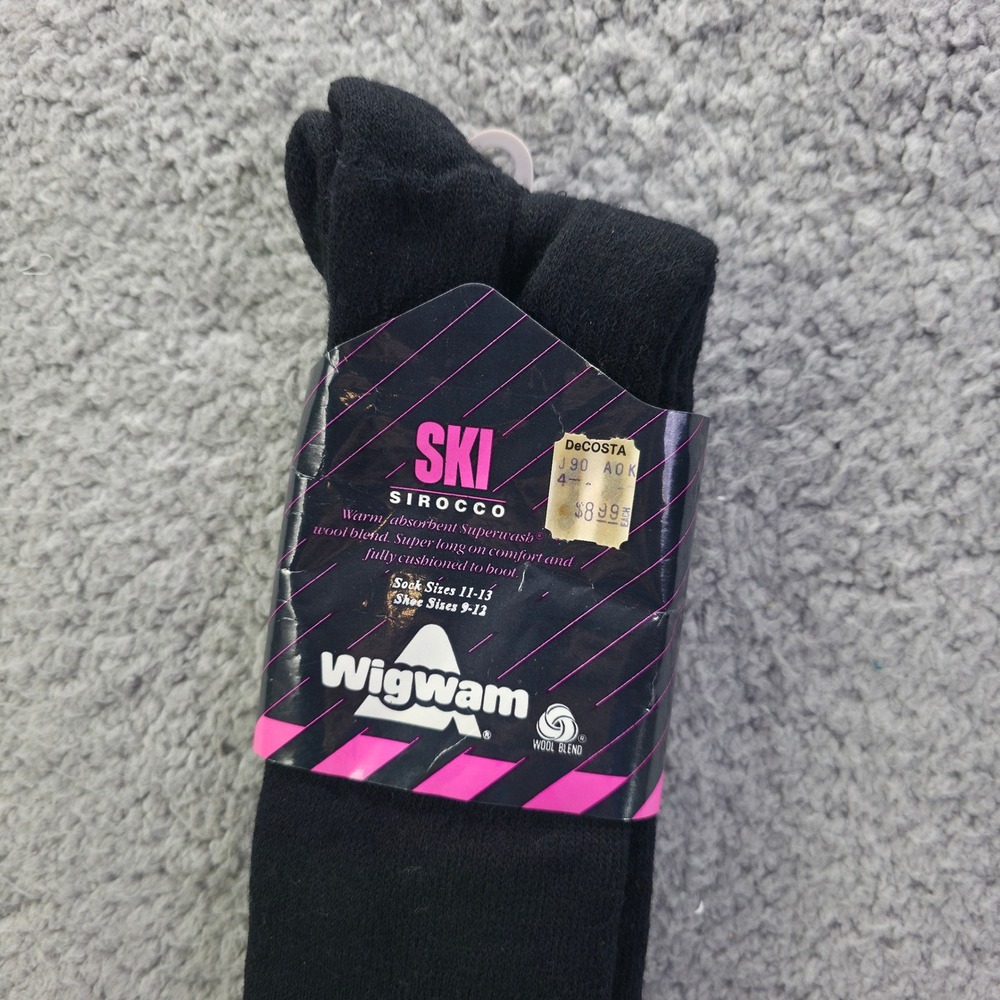 Wigwam Sirocco Ski Socks Mens 9-12 Black Wool Blend Cushioned USA Vintage